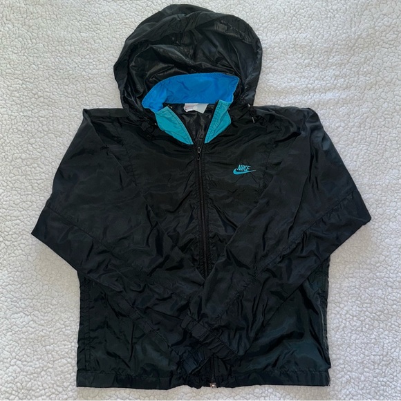 VTG NIKE 90s hooded windbreaker jacket track zipper pockets blue teal black S - Picture 2 of 12